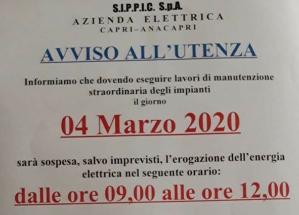 Anacapri: interruzione energia elettrica oggi fra le 9 e le 12