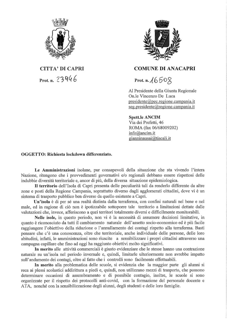 Lockdown differenziato, i sindaci di Capri e Anacapri scrivono a De Luca