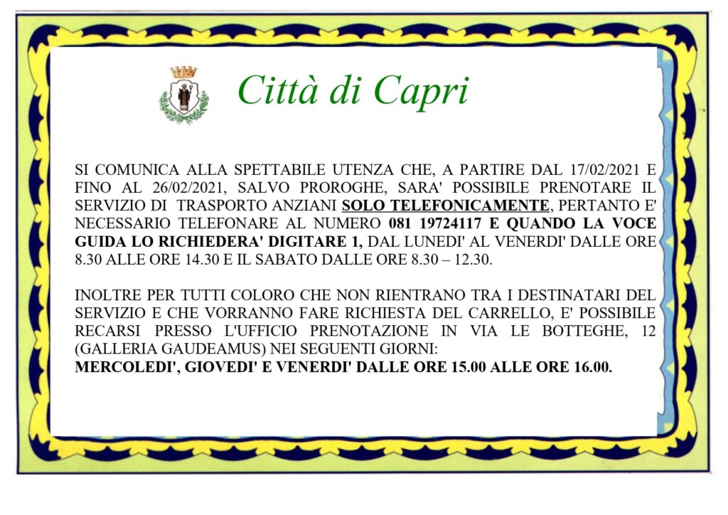 Capri: fino al 26 febbraio  solo prenotazioni telefoniche per il servizio trasporto anziani