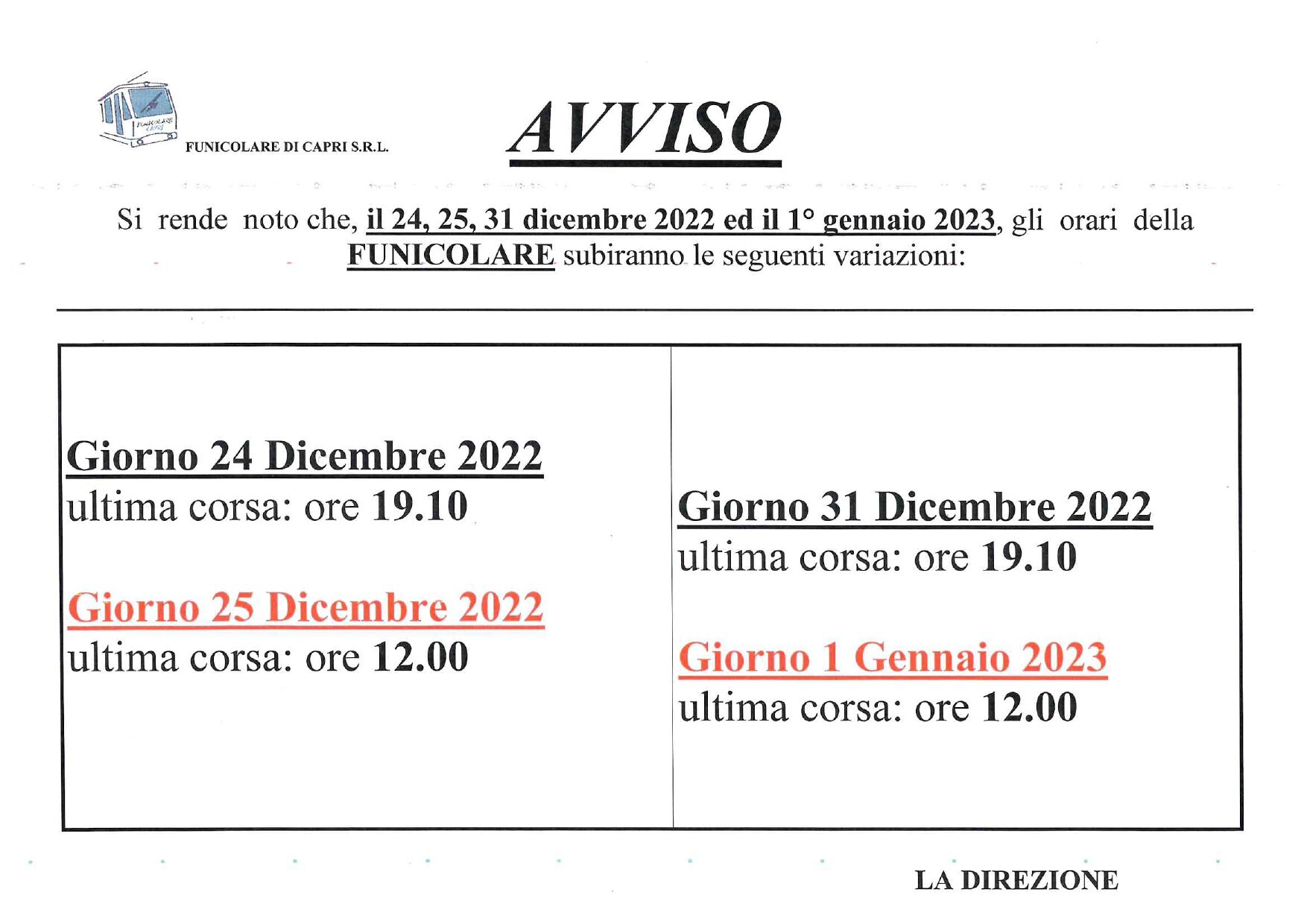 Orari corse Funicolare per Natale e Capodanno