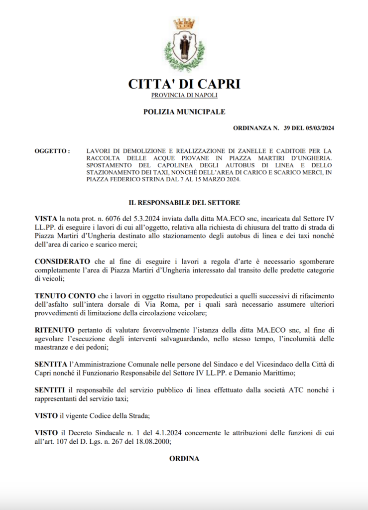 Ordinanza del Comandante Daniele De Marini: dal 7 al 15 Marzo a causa di urgenti lavori stradali, sarà spostata l’area parcheggio e stazionamento taxi e bus in Piazza Strina