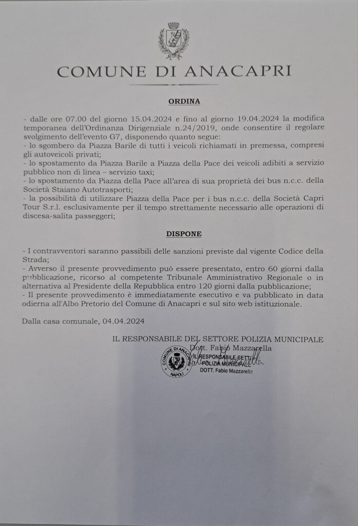 Anacapri: Ordinanza del Comune sulla sosta dei veicoli in occasione del G7