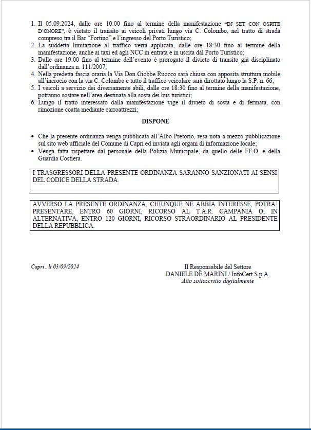 Ordinanza Città di Capri, Chiusura traffico veicolare via C Colombo in occasione della manifestazione “dj set con ospite d’onore” che si terrà il 05 settembre 2024