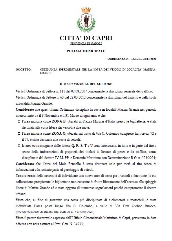 MARINA GRANDE: ORDINANZA SPERIMENTALE PER LA SOSTA DEI VEICOLI