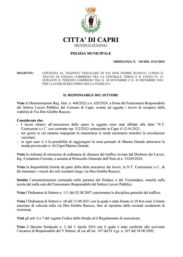 Ordinanza di Chiusura traffico veicolare di via Don Giobbe Ruocco per i lavori di recupero della viabilità.