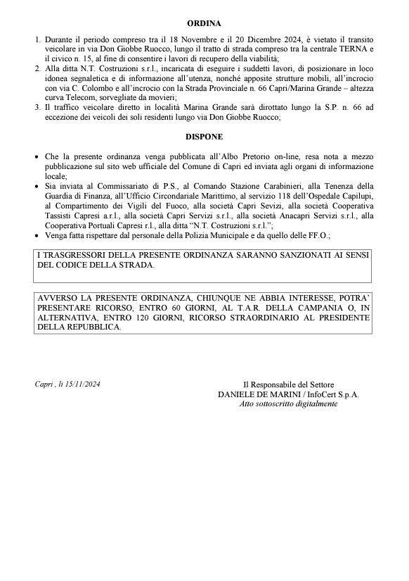 Ordinanza di Chiusura traffico veicolare di via Don Giobbe Ruocco per i lavori di recupero della viabilità.