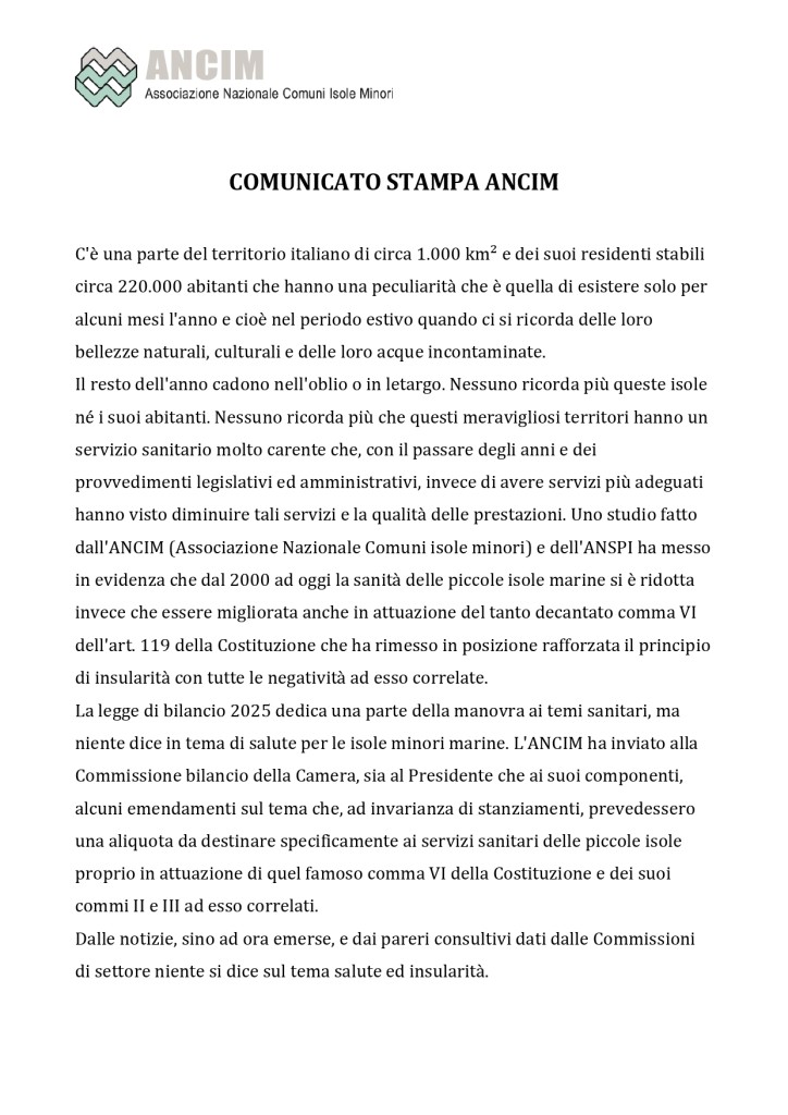 Sanità, ANCIM : Problemi a Capri e nelle isole minori