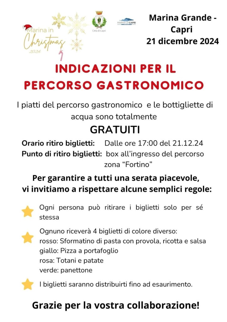Marina in Christmas:  21 dicembre 2024, Indicazioni per il Percorso Gastronomico.