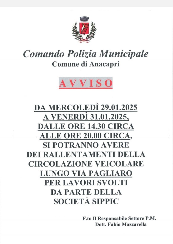 Comune di Anacapri: AVVISO, Comando Polizia Municipale