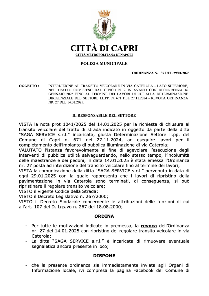 Città di Capri: Revoca Ordinanza Via Caterola