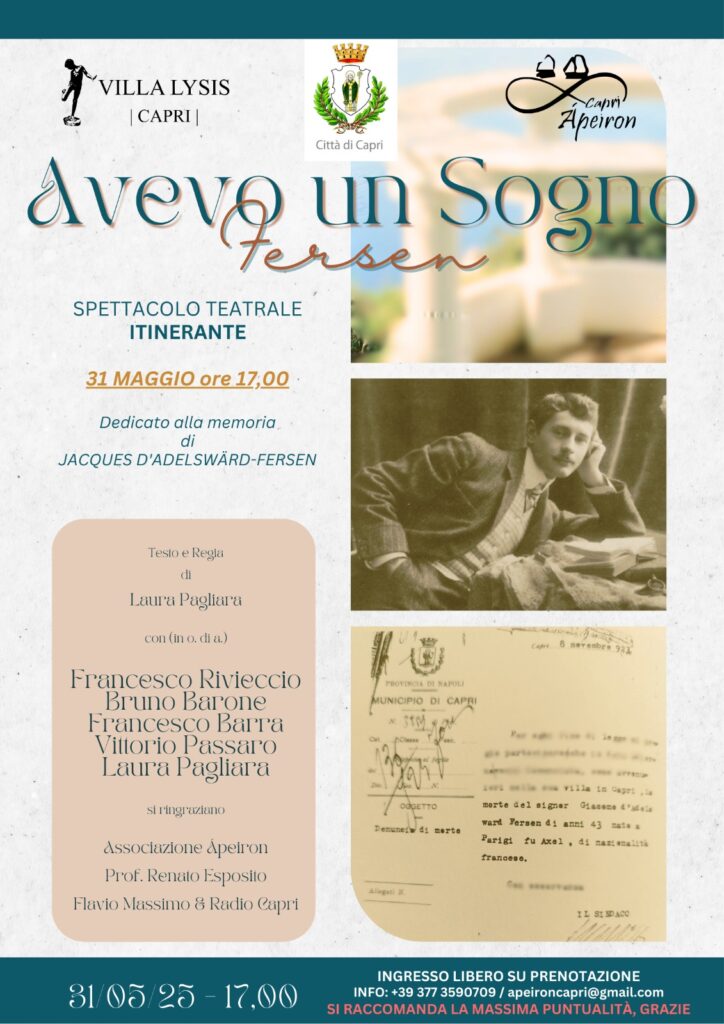 “Avevo un sogno – Fersen” Spettacolo teatrale itinerante a Villa Lysis Sabato 31 maggio, ore 17:00