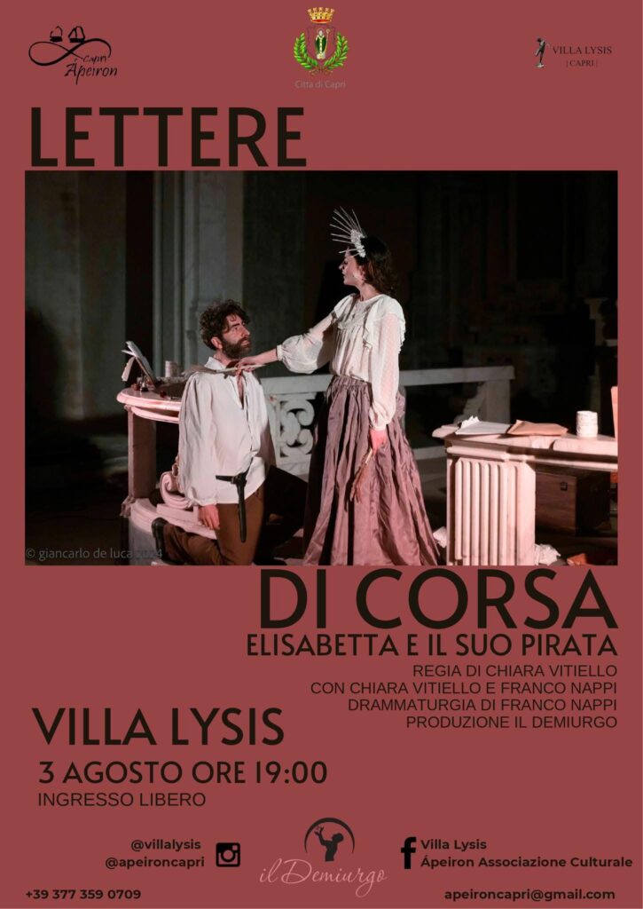 Ápeiron: “Lettere di corsa – Elisabetta e il suo pirata”, Villa Lysis domenica 3 agosto alle 19:00