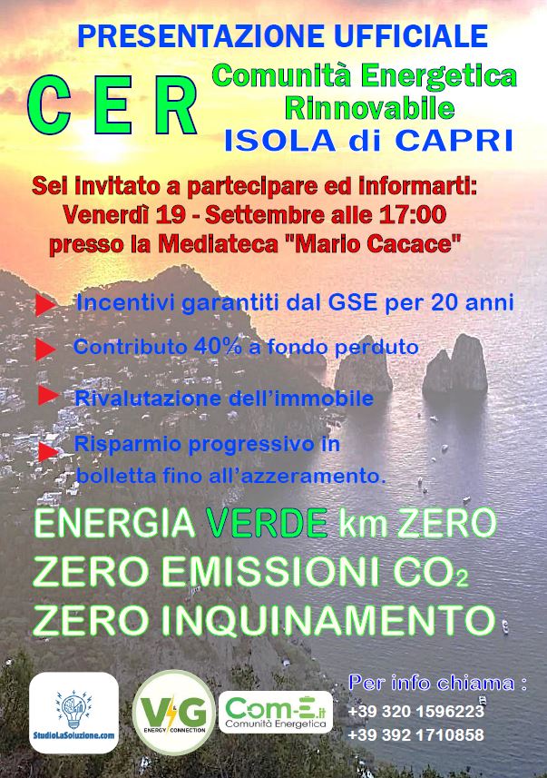 ANACAPRI: INCONTRO SULLE ENERGIE RINNOVABILI, MEDIATECA “MARIO CACACE”, OGGI 19 SETTEMBRE ORE 17.00