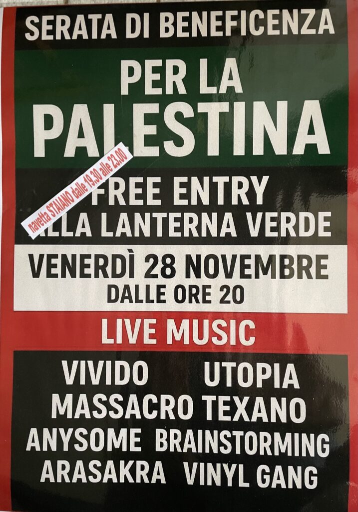 Serata di beneficenza per la Palestina alla Lanterna Verde, venerdì 28 novembre dalle ore 20.00