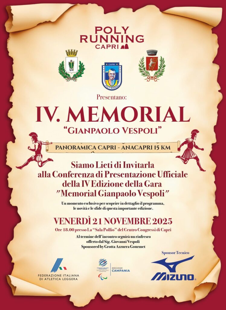 Conferenza di Presentazione Ufficiale della IV Edizione della Gara “Memorial Giampaolo Vespoli”, VENERDÌ21 NOVEMBRE 2025, Ore 18.00, presso La “Sala Pollio” del Centro Congressi di Capri