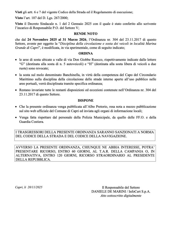 ORDINANZA DEL COMUNE DI CAPRI: DISCIPLINA DELLA SOSTA DEI VEICOLI A MOTORE IN LOCALITA’ MARINA GRANDE. MODIFICA SPERIMENTALE DEL DISPOSITIVO