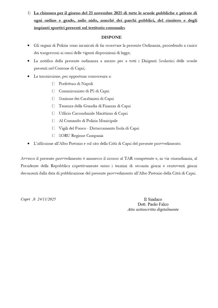 Il Comune di Capri emette un’ordinanza di chiusura delle scuole pubbliche e private di ogni ordine e grado per il 25 novembre