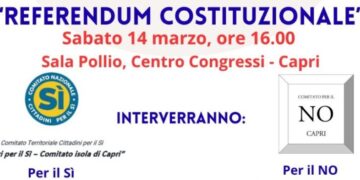 L’Associazione Avvocati Isola di Capri, di concerto con il  Comitato per il SI Isola di Capri e con il Comitato per il NO Isola di Capri, ha organizzato un pubblico incontro / dibattito sul “REFERENDUM COSTITUZIONALE”  Sabato 14 marzo, ore 16.00  Sala Pollio