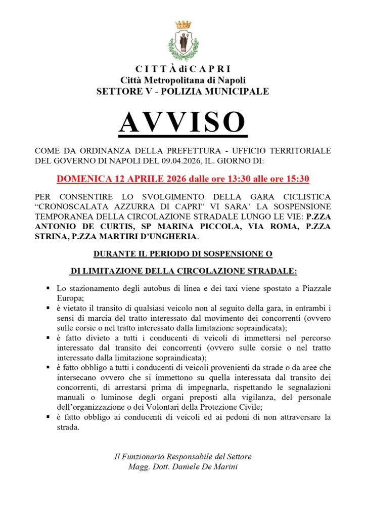 Avviso circolazione stradale “Cronoscalata di Capri” 12/04