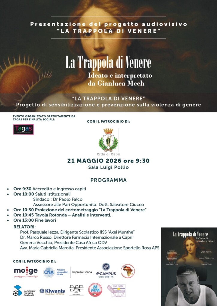 “La Trappola di Venere – Prevenzione, Consapevolezza e Responsabilità Maschile”, 21 maggio, ore 10:00 Sala “L. Pollio”