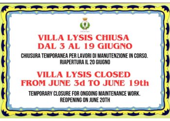 Chiusura temporanea di Villa Lysis dal 3 al 19 giugno 2026: dal 20 giugno la riapertura